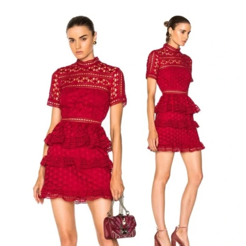 Self Portrait Red Star High Neck Guipure Lace Paneled
Cocktail Mini Dress